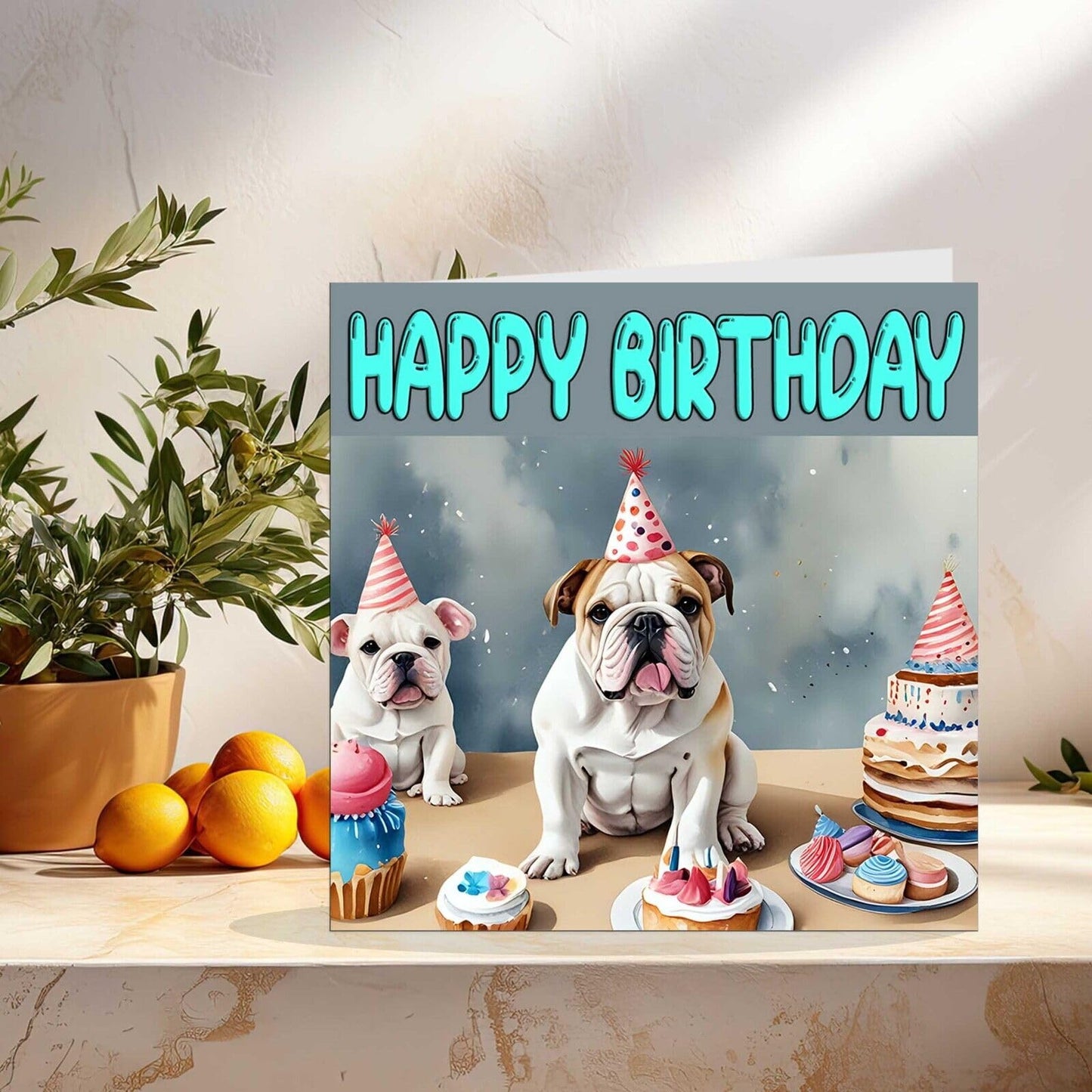 English British Bulldog Birthday Card - Fun Dog Party Birthday Card 145 x 145mm