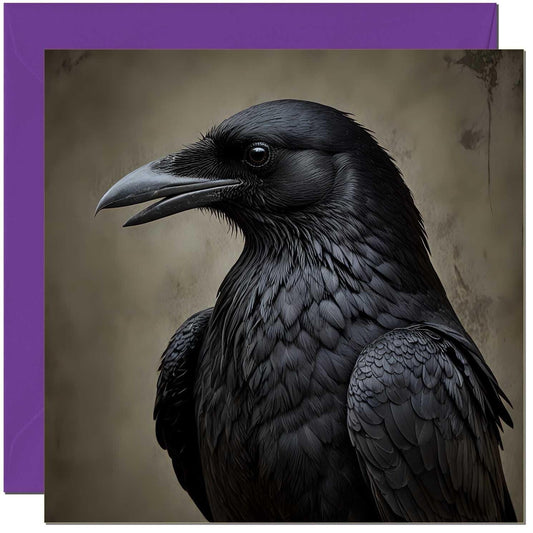 Raven Greeting Card - Gothic Black Raven Crow purple envelope 145mm x 145mm