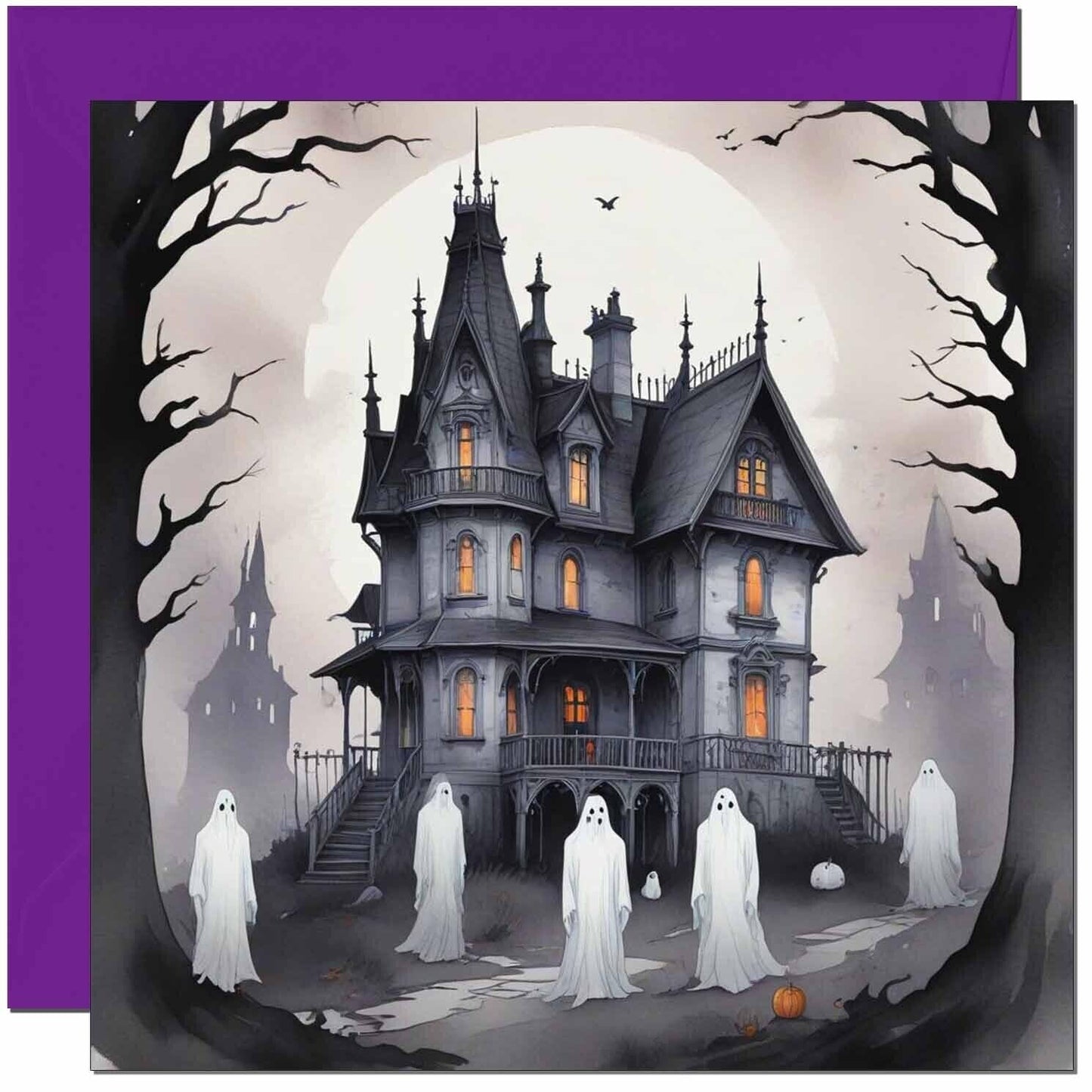 Halloween Card - Haunted House Moon Ghosts Happy Halloween Cards 145 x 145mm