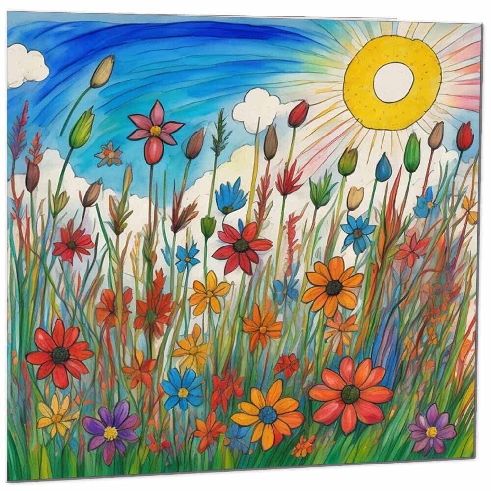 Flowers Colorful Crayon Blank Greeting Birthday Card Art - Any Occasion