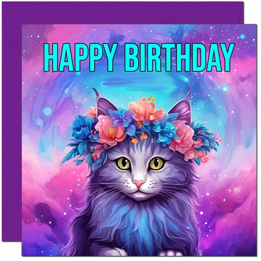 Cat Birthday Card - Purple fantasy beautiful cat birthday card 145 x 145mm
