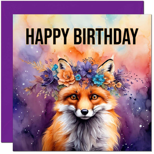Fox Birthday Card - beautiful happy birthday Card floral Animal Fox 145 x 145mm