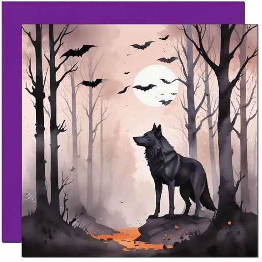 Halloween Card - Wolf Moon Bats Forest Gothic Greeting Card - 145 x 145mm