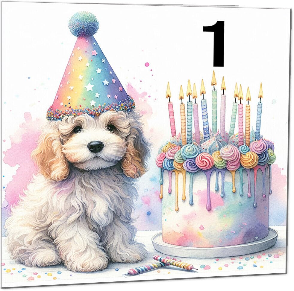 Kids Birthday Card - Cute dog watercolour rainbow