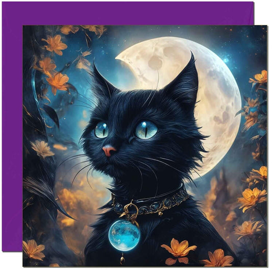 Black Cat Birthday Card Moon Fantasy Cat Greeting Card Fine Art 145 x 145mm