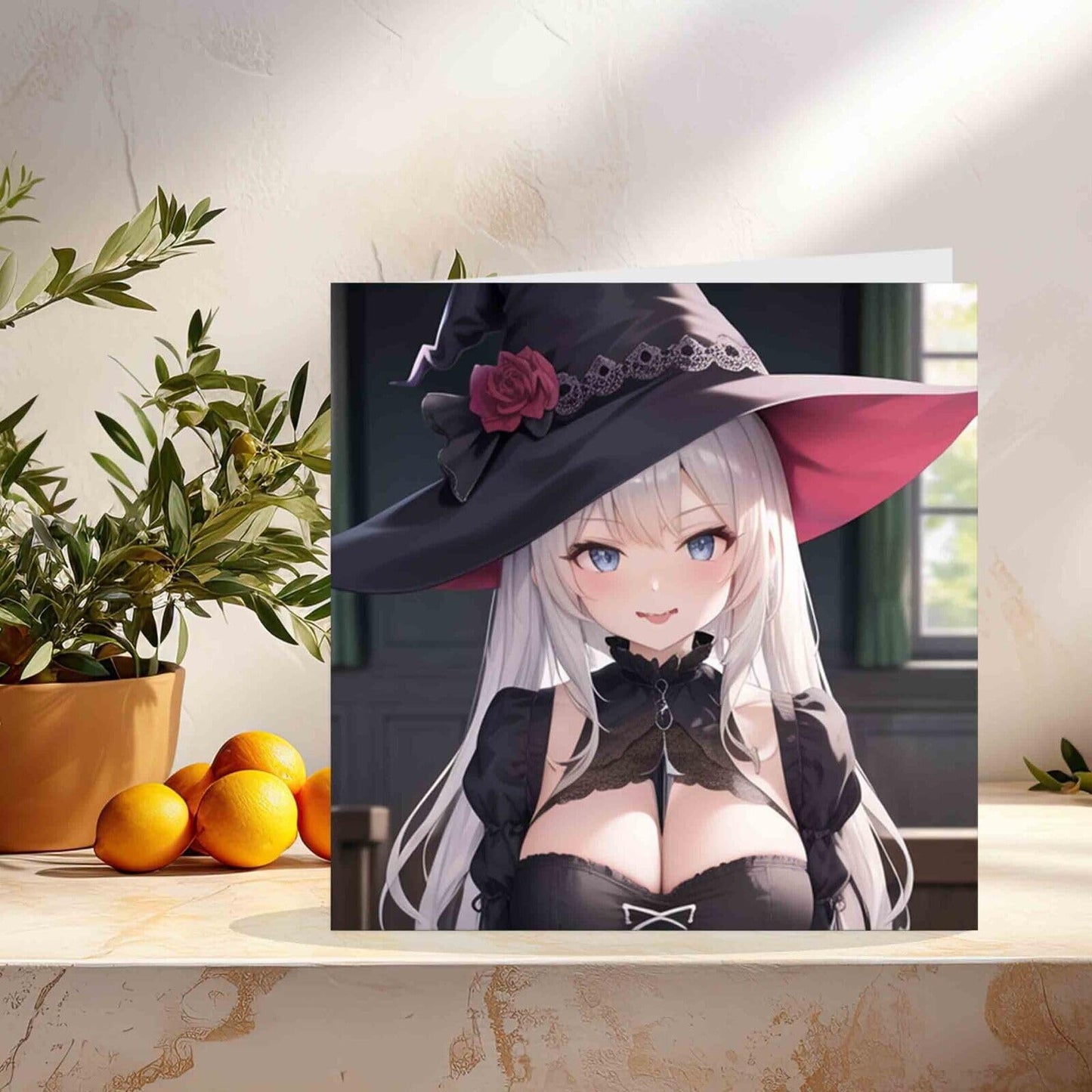 Anime Witch Greeting Card - Cute Anime Gothic Girl 145mm x 145mm