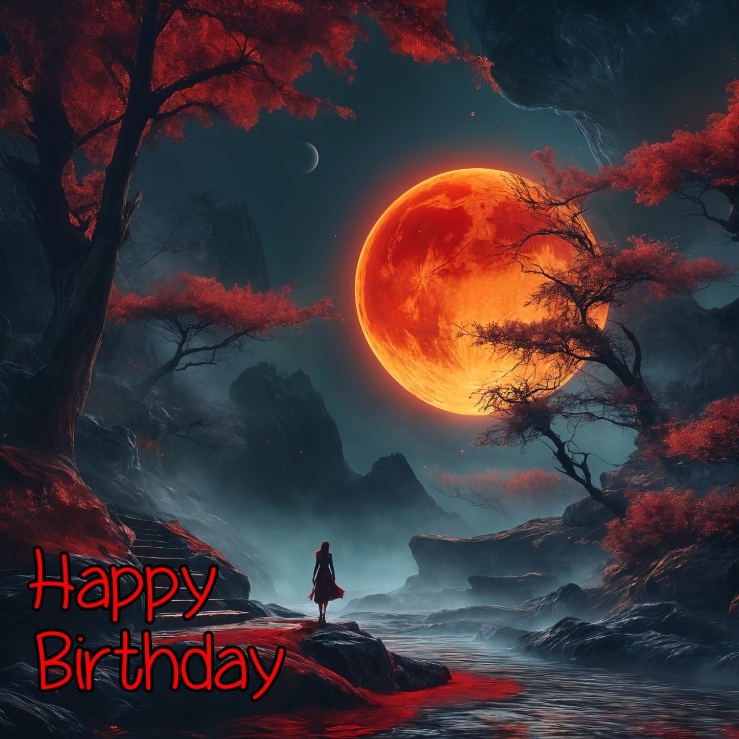 Red Moon Birthday Card - Beautiful landscape Birthday Card Greetings 145 x 145mm