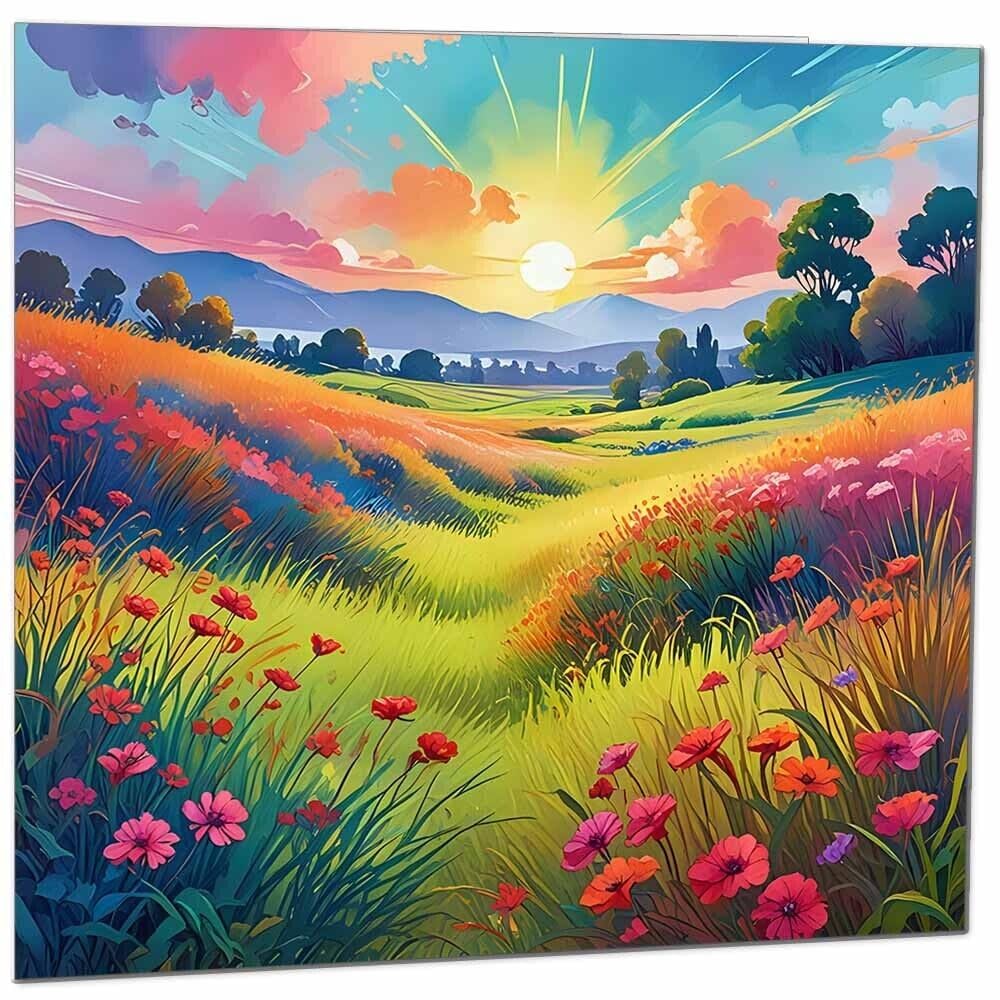 Beautiful Landscape Blank Greeting Birthday Card Art Colourful Flowers Nature