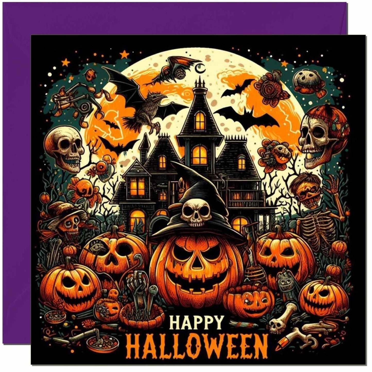 Halloween Card - Haunted House Pumpkin Moon Bat Happy Halloween Card 145 x 145mm