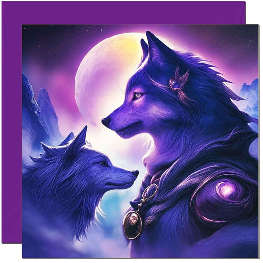 Fantasy Purple Wolf Moon Greeting Card - Wolf Protector 145 x 145mm