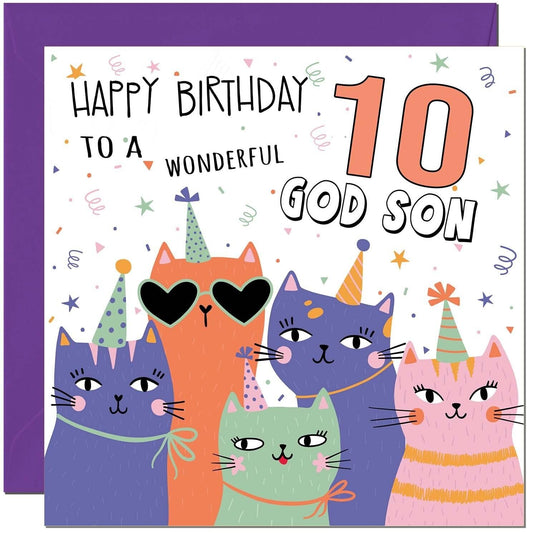 God Son Birthday Card - Childrens Cute Cat God Sons