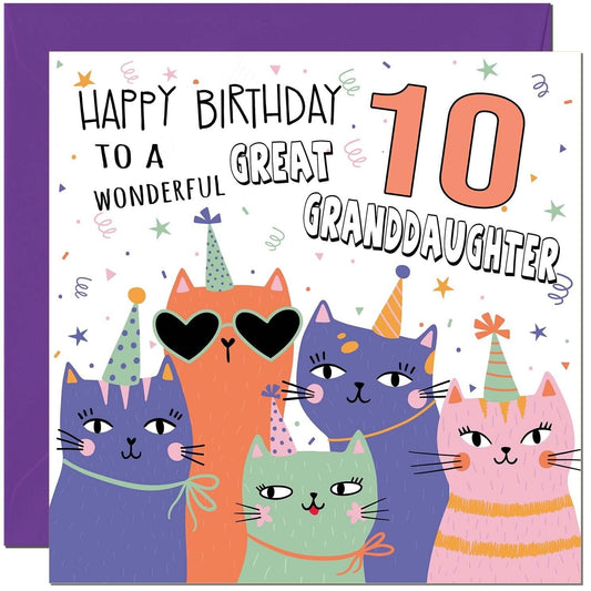Great Granddaughter Birthday Card - Childrens Cute Cat Great Granddaughter
