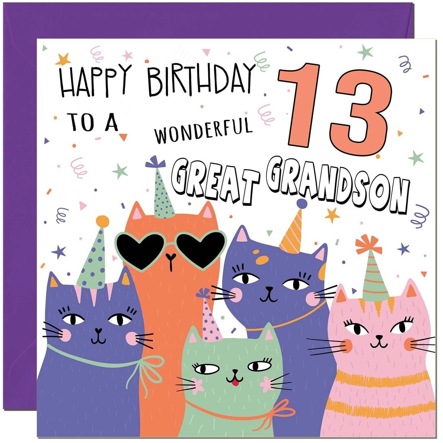 Great Grandson Birthday Card - Childrens Cute Cat Great-Grandson