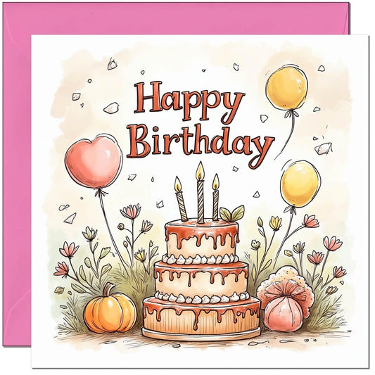 Cute Birthday Card Cake Design - Pink Envelope - bday card for nan mum aunt