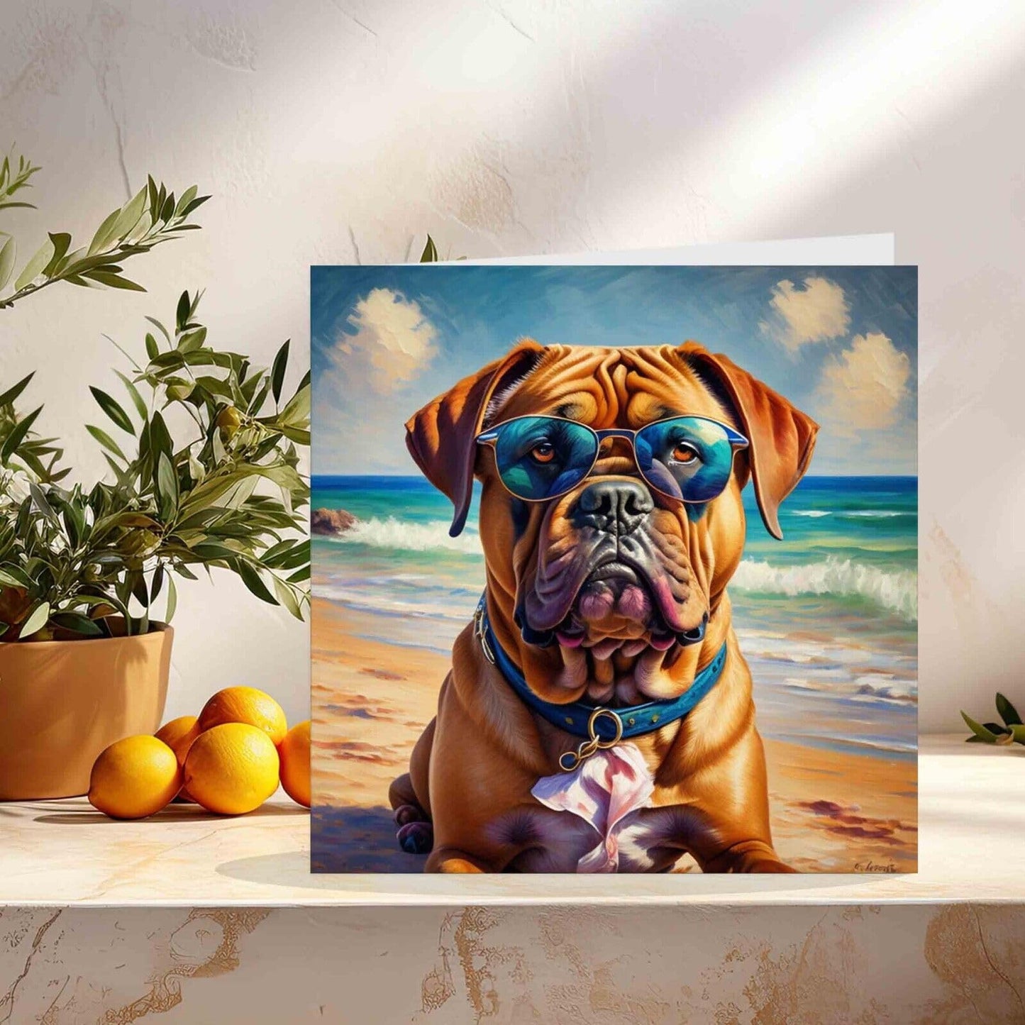Dogue de Bordeaux Greeting Card - On the Beach 145mm x 145mm