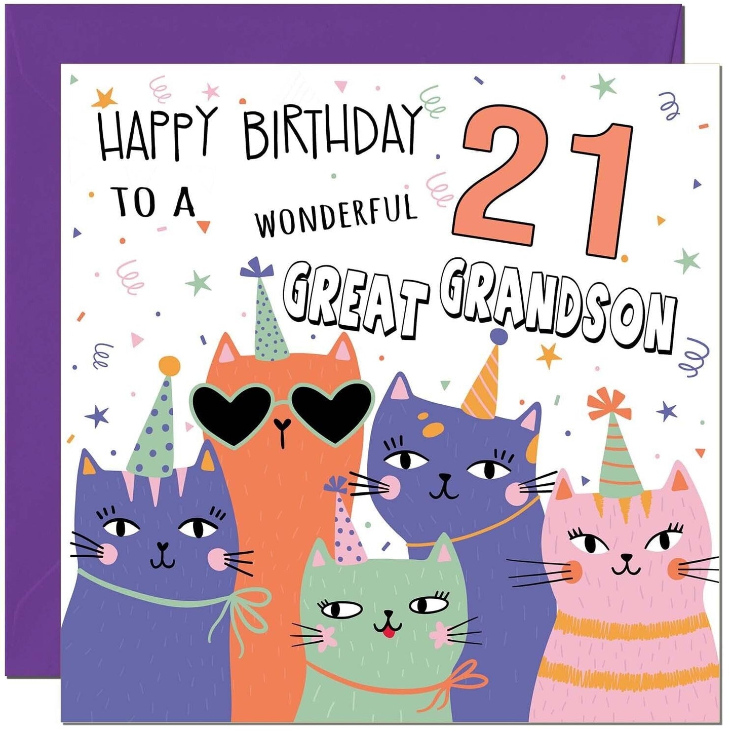 Great Grandson Birthday Card - Childrens Cute Cat Great-Grandson