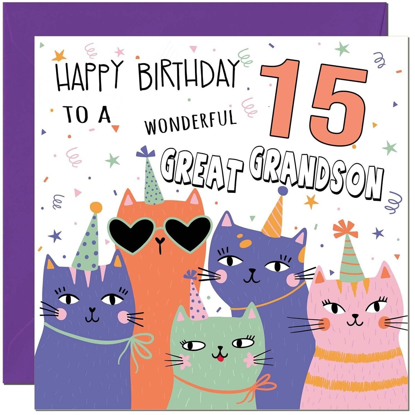 Great Grandson Birthday Card - Childrens Cute Cat Great-Grandson