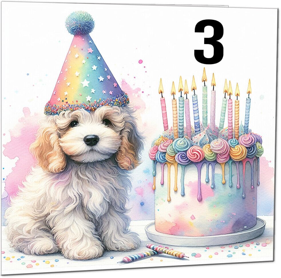 Kids Birthday Card - Cute dog watercolour rainbow