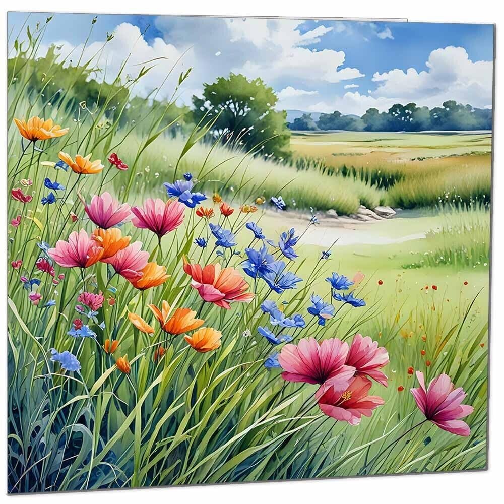 Flowers Sky Grass Beautiful Nature Blank Greeting Birthday Card Art