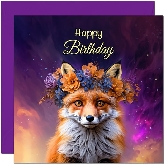Beautiful Fox birthday Card - With Purple Envelope 145 x 145mm