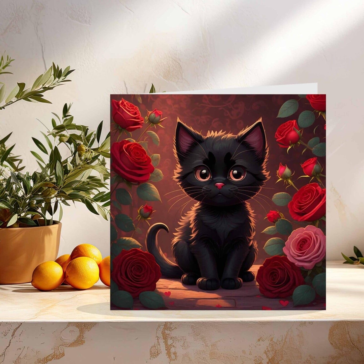 Cute Black Cat Roses Greeting Card 145mm x 145mm