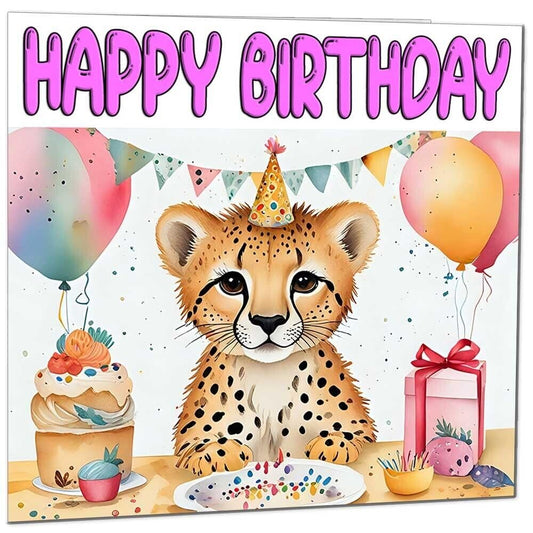 Cheetah Birthday Card - Cute Cheetah Bday Card 145 x 145mm