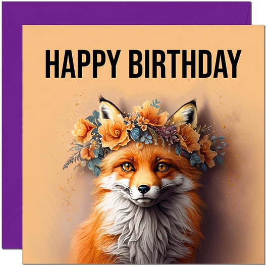 Fox birthday Card - Beautiful Fox Card Floral Bday Card 145 x 145mm