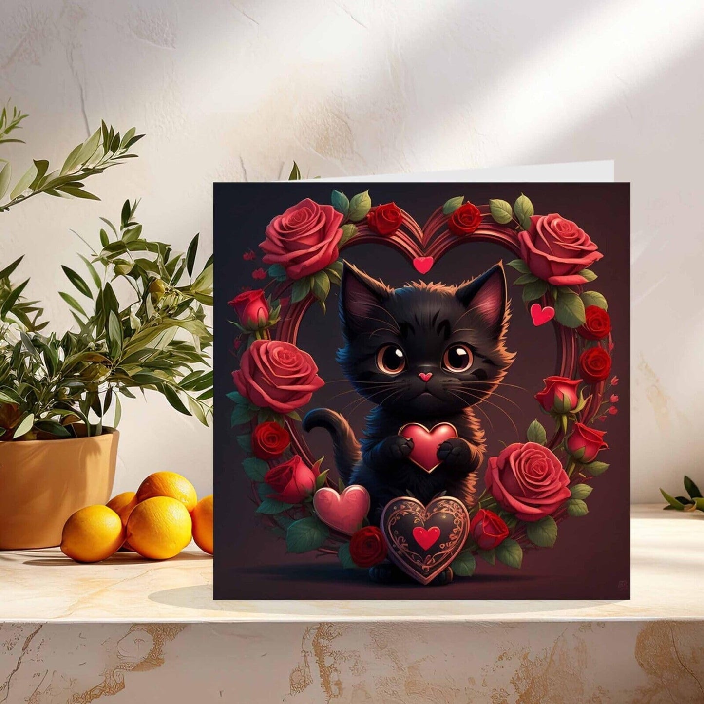 Cute Black Cat Valentines Day Card 145mm x 145mm