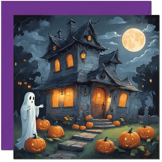 Halloween Card - Spooky Haunted House Ghosts Pumpkins Cute 145 x 145mm