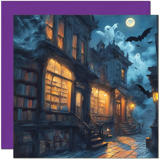 Halloween Card - Haunted Book Store Bats Ghosts 145 x 145mm