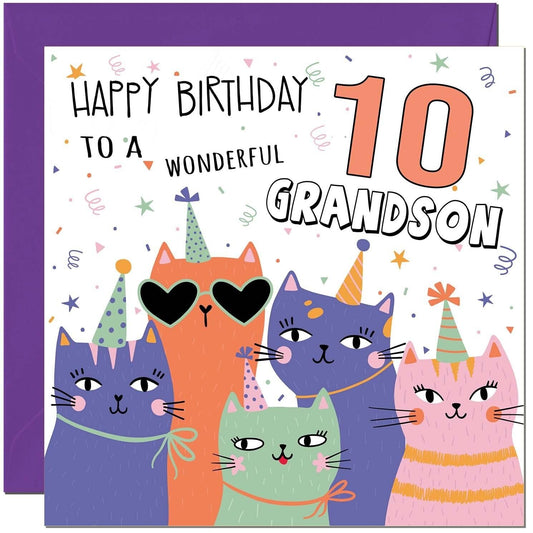 Grandson Birthday Card - Childrens Cute Cat Grandsons