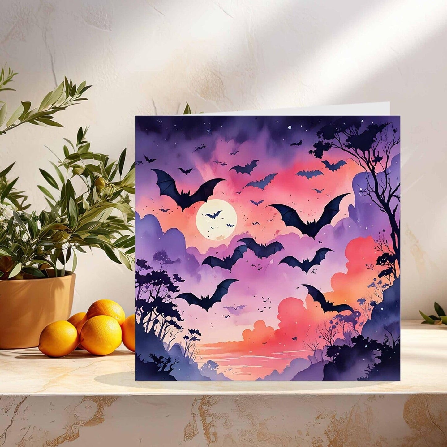 Bat Greeting Card - Any Occasion - beautiful Bat Moon Purple Sky Illustration