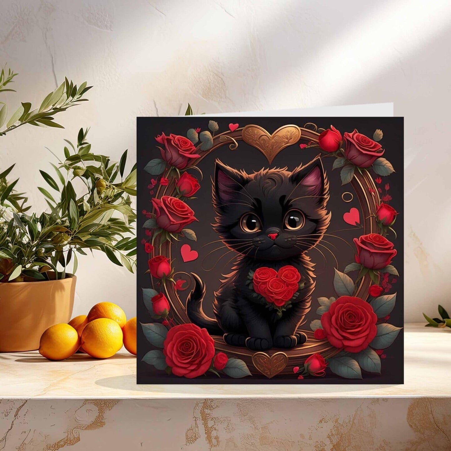 Valentines Day Card - Black Cat Roses Cute Kitty kitten 145mm x 145mm