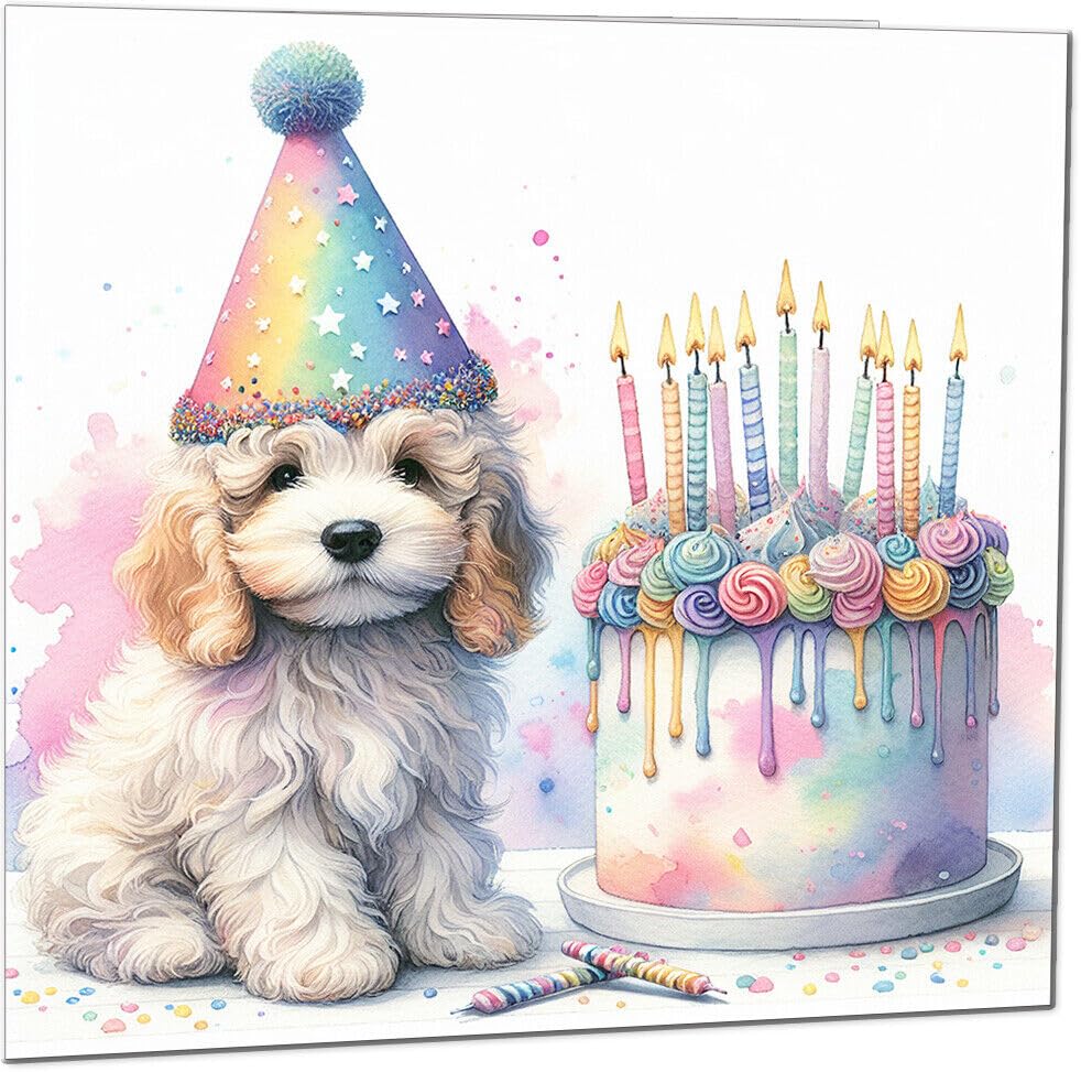 Kids Birthday Card - Cute dog watercolour rainbow