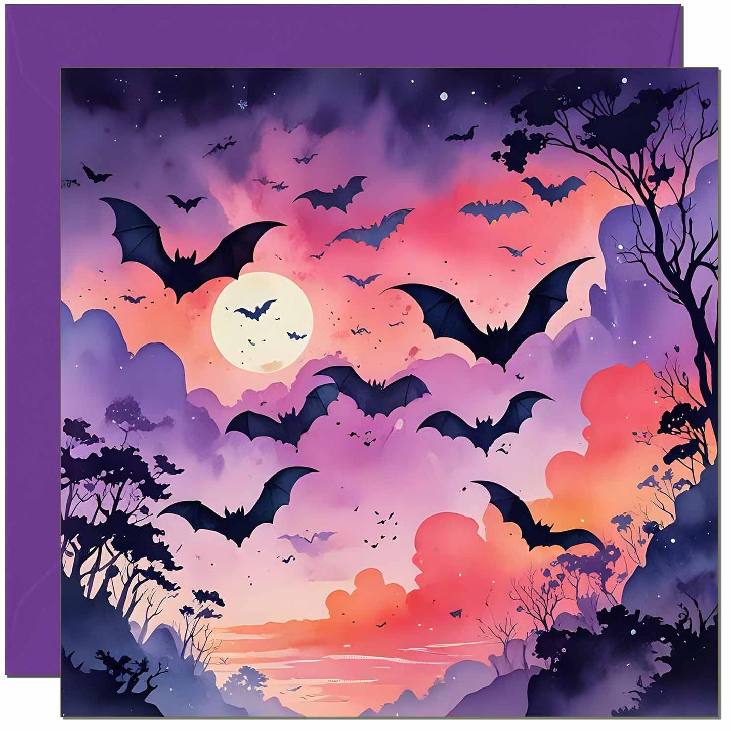 Bat Greeting Card - Any Occasion - beautiful Bat Moon Purple Sky Illustration