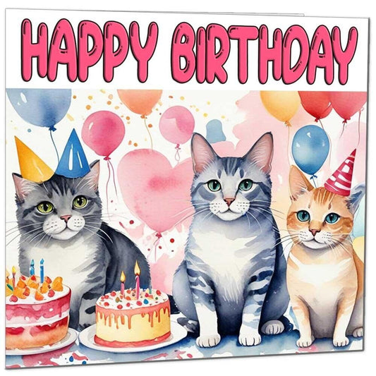 Cat Birthday Card - Cute Funny Cat Kitty Party Birthday Card - 145 x 145mm