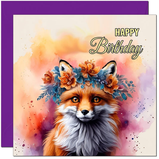 Beautiful Fox Floral Fantasy Birthday Card - Fox Birthday Card 145 x 145mm