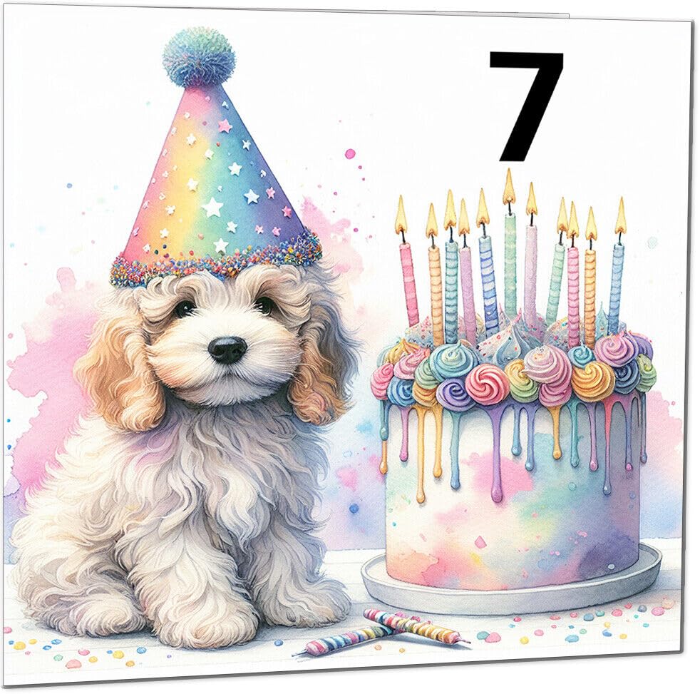 Kids Birthday Card - Cute dog watercolour rainbow