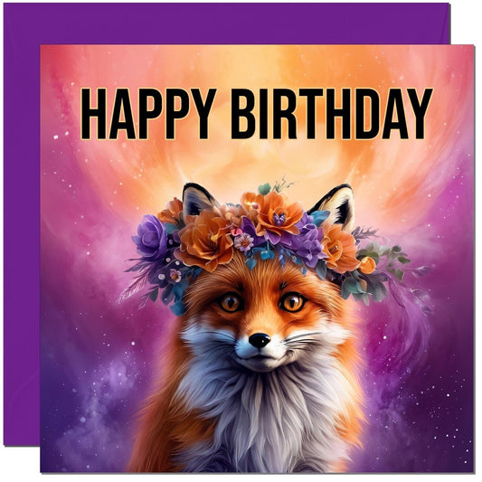 Fox birthday card - Colourful floral animal fox bday card 145 x 145mm