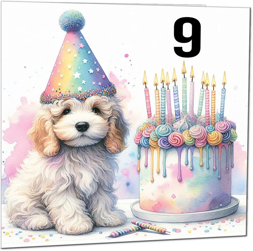 Kids Birthday Card - Cute dog watercolour rainbow