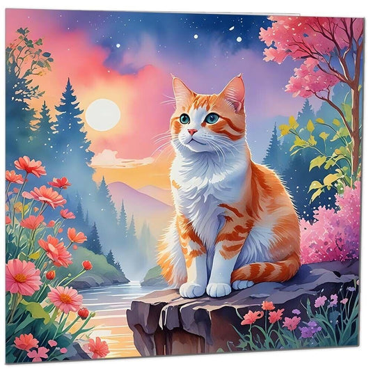 Cat Greeting Card - Any Occasion - Beautiful Cat Illustration Art Moon Flowers