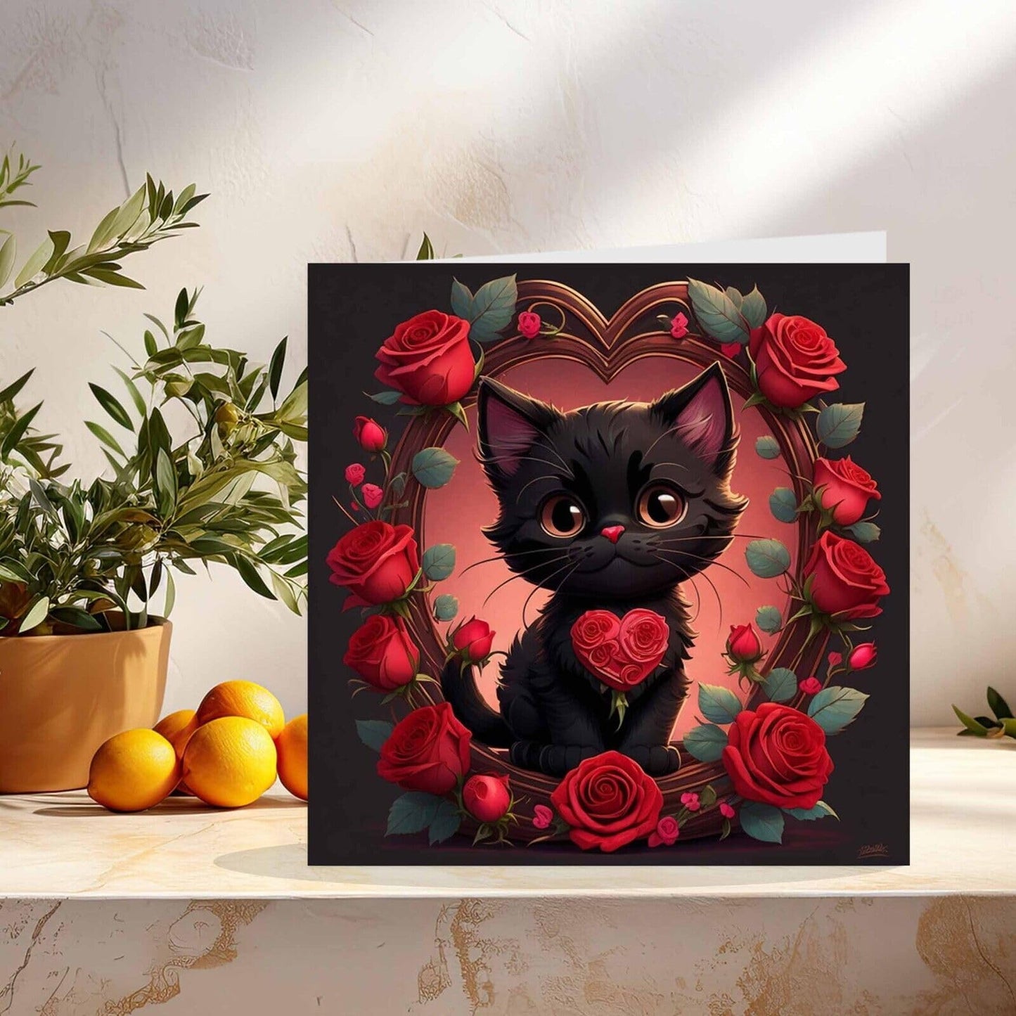 Valentines Day Card - Black Cat Heart Roses Cute Kitty kitten 145mm x 145mm