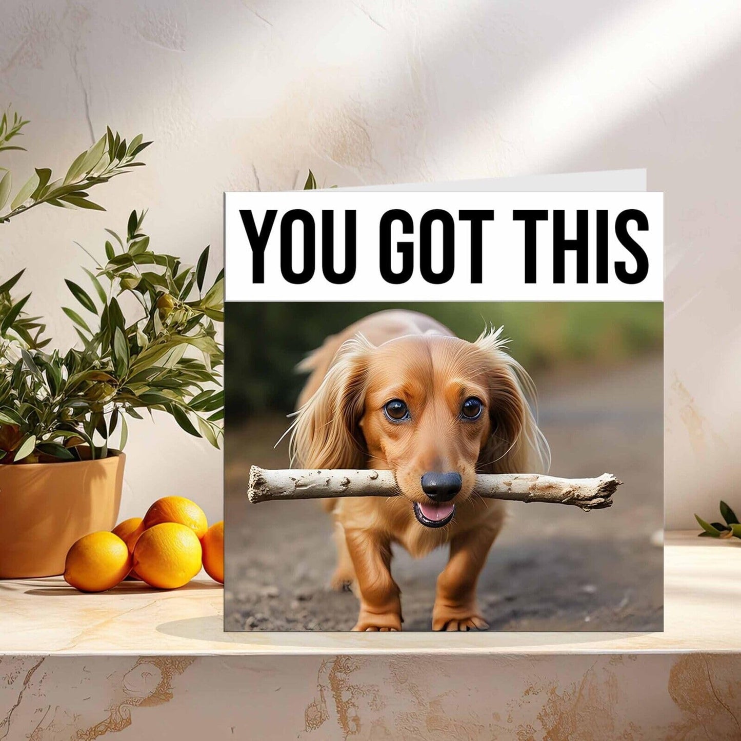 Funny Good Luck Card - Sausage Dog 145 x 145mm -Co Worker Colleague New Job Card