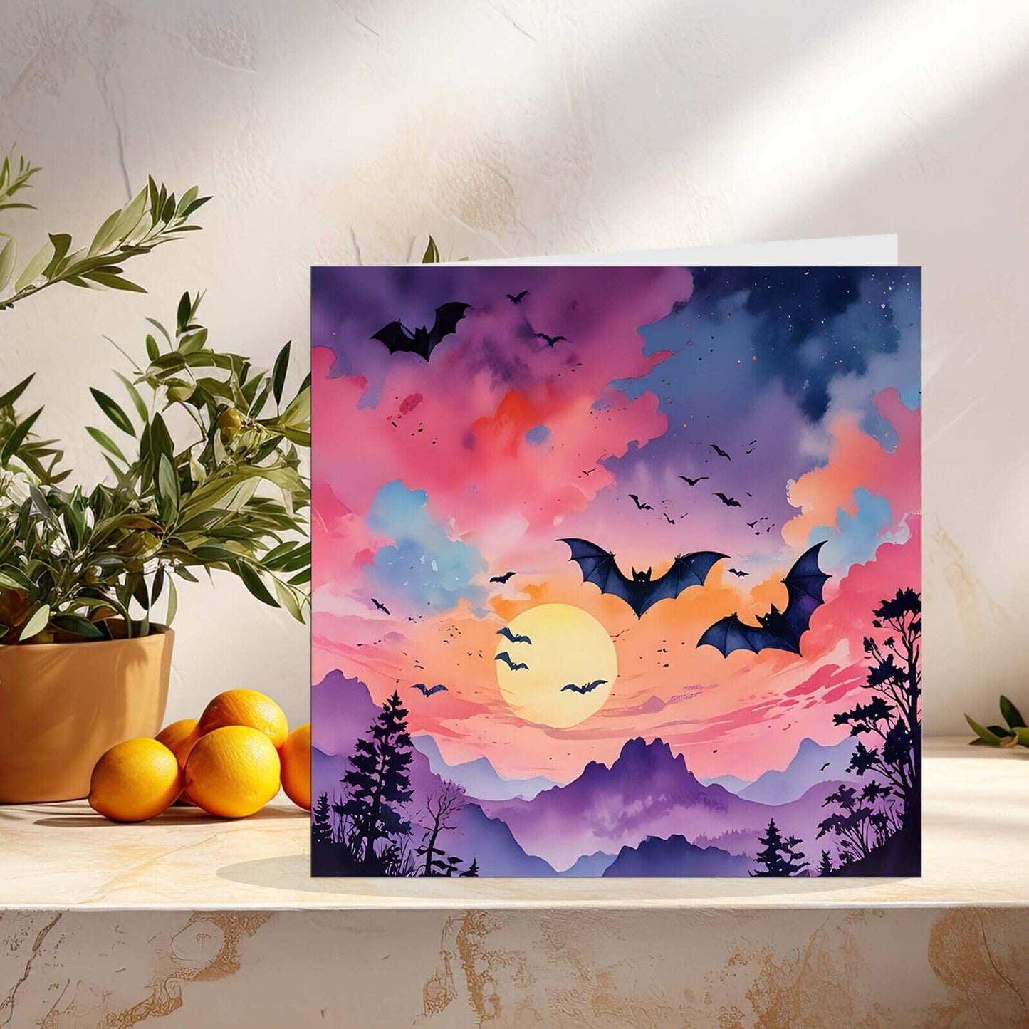 Bat Greeting Card - Bat Moon Purple Sky Gothic - Any Occasion