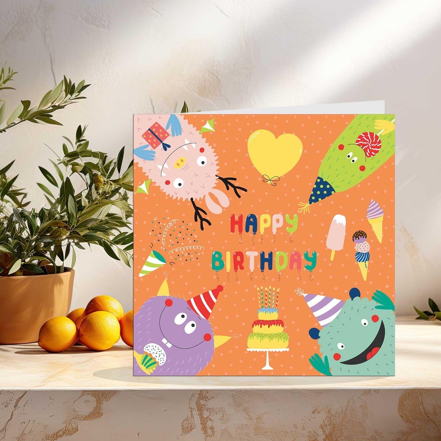 Kids Birthday Card - Cute Children's Happy Birthday Card Monsters 145 x 145mm