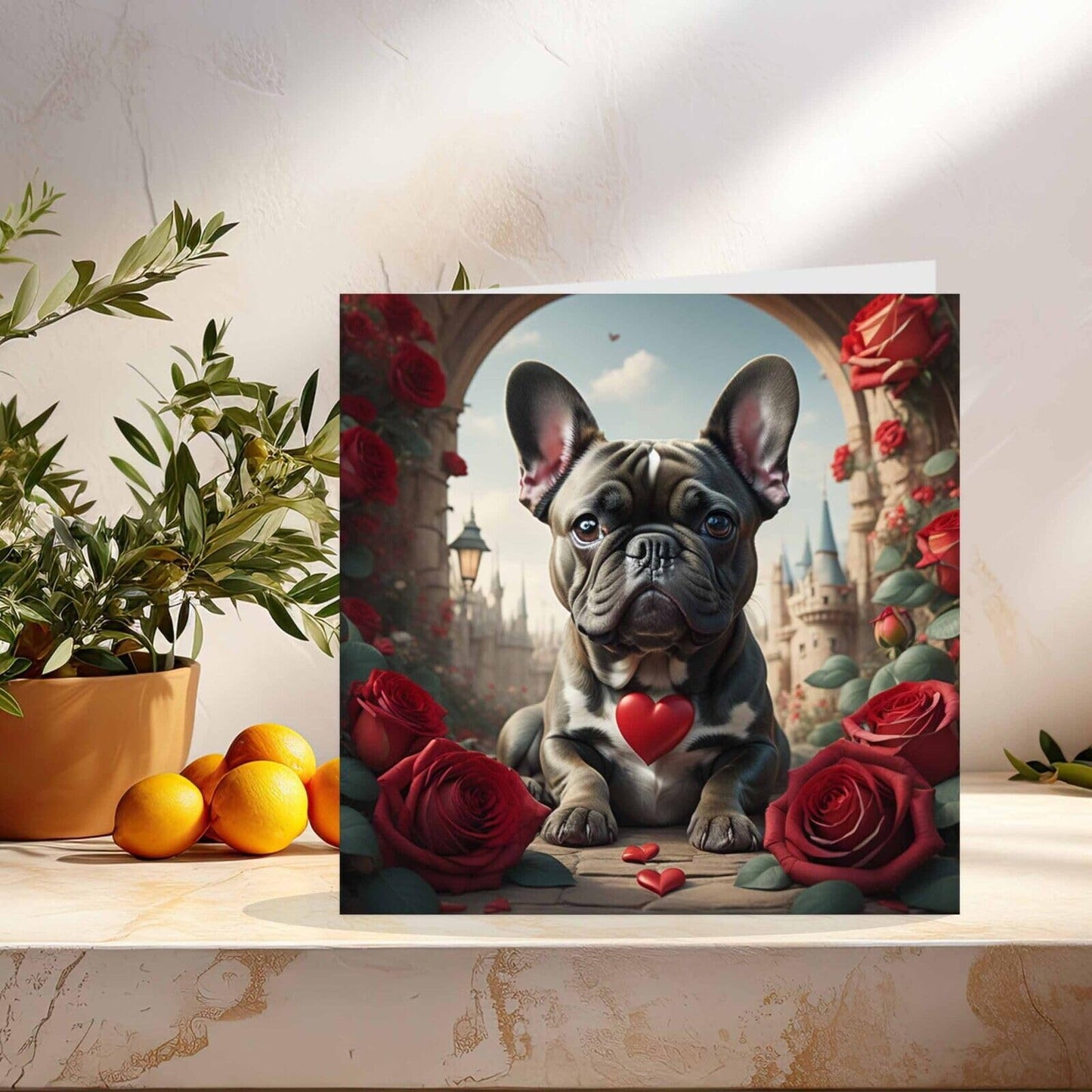 Valentines Day French Bulldog Card Cute Pug Dog Romantic Anniversary Card 145mm x 145mm