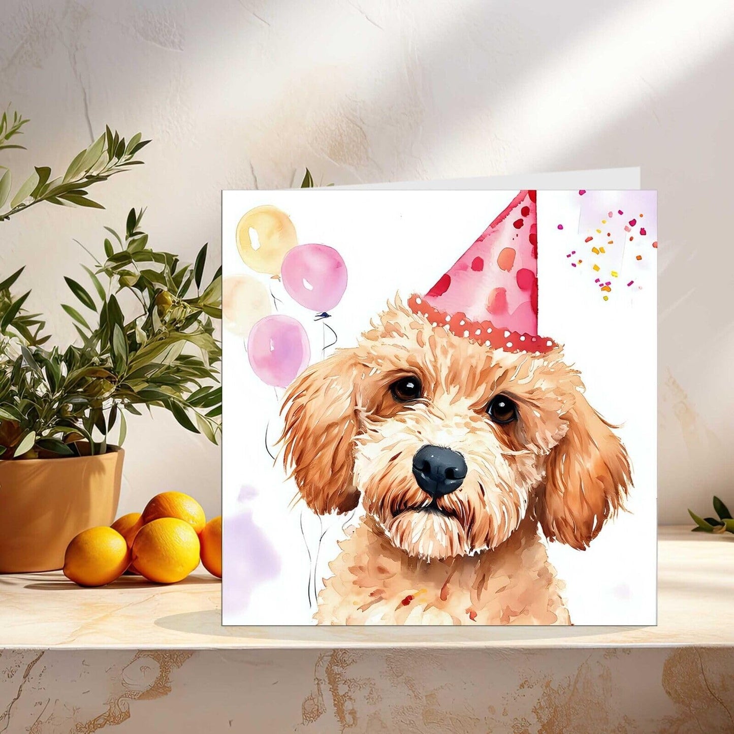 Cavapoo Birthday Card - Cute Dog Party Hat Happy Birthday Card 145mm x 145mm