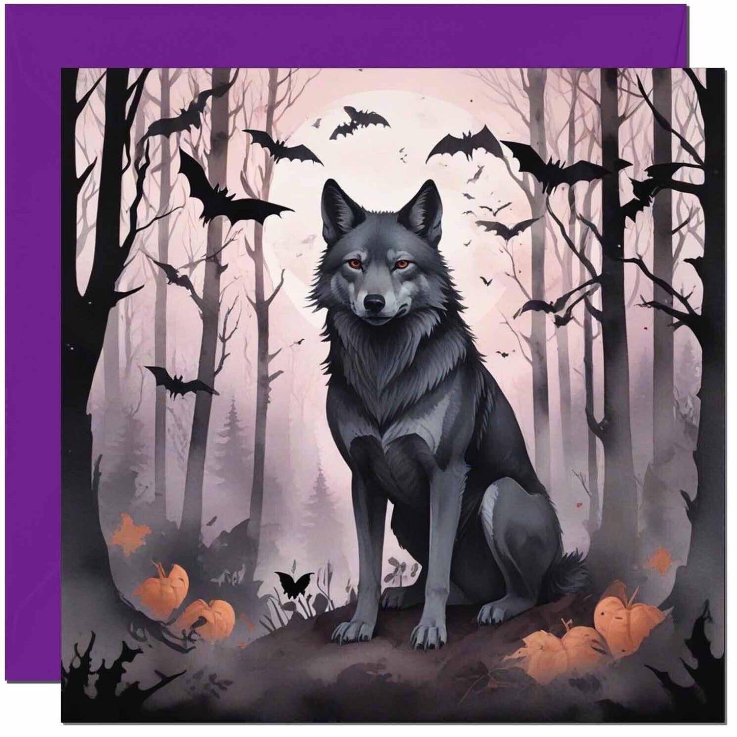 Wolf Forest Greeting Card - Bats Moon Halloween Gothic Autumn Card 145 x 145mm