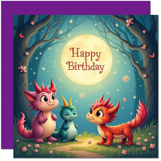 Fantasy Birthday card for Kids - Dragon Woodland Moon bday card for Son Daughter