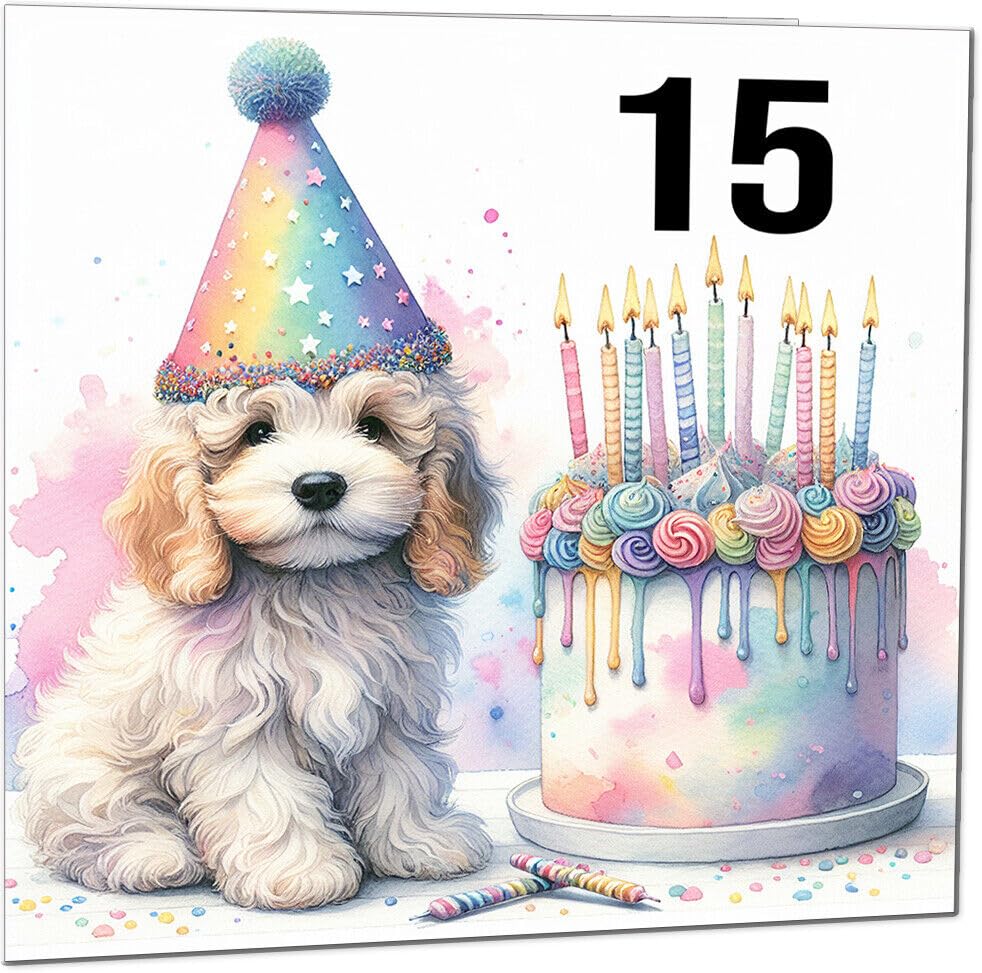 Kids Birthday Card - Cute dog watercolour rainbow